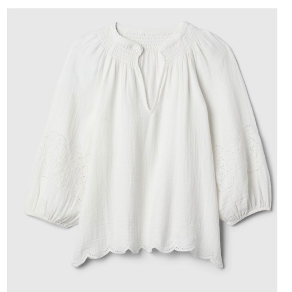 Gap Blouse Womens XL White Eyelet Smocked Balloon Sleeve Scalloped Hem Gauze Top - Picture 4 of 14